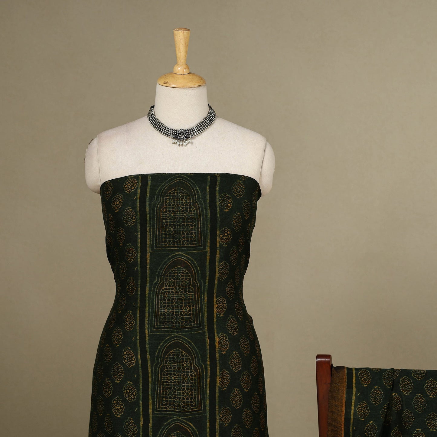 Green - 2pc Block Print Natural Dyed Unstitched Ajrakh Dress Material 