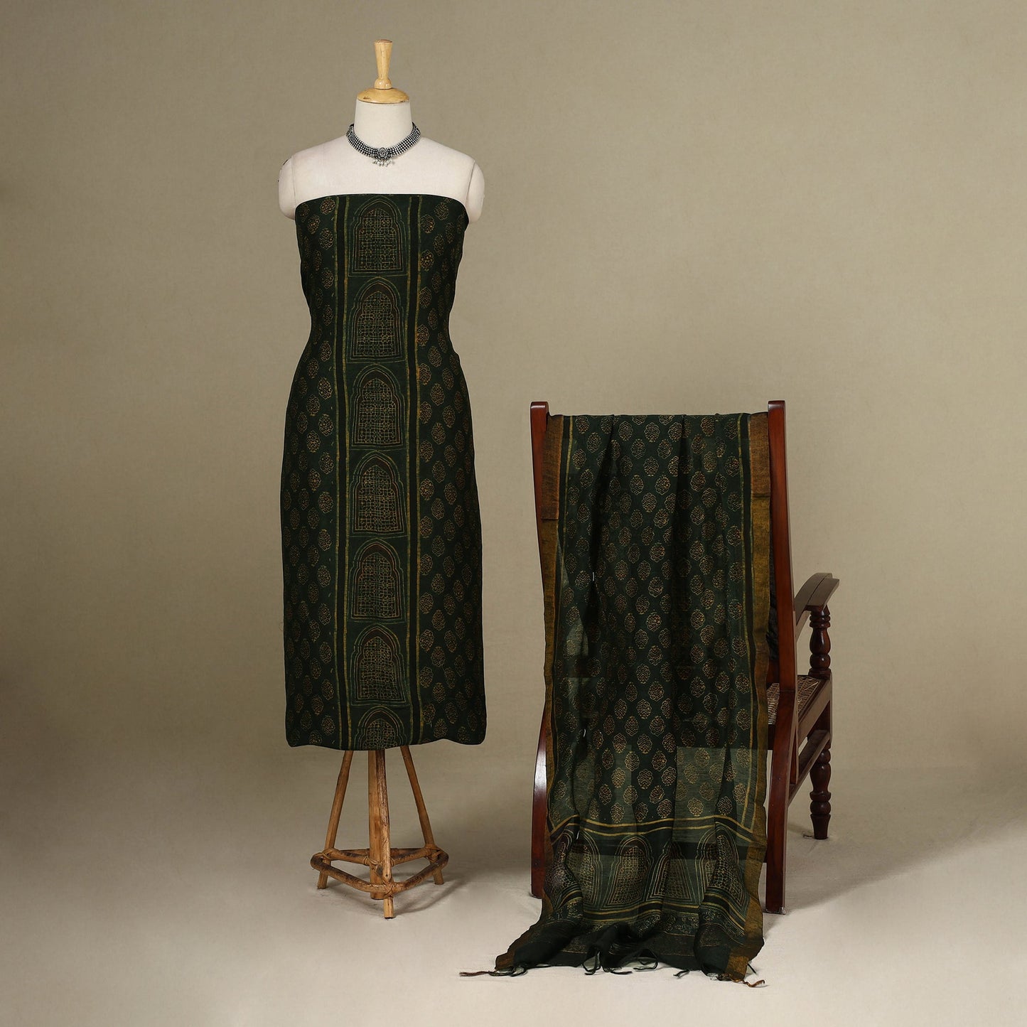 Green - 2pc Block Print Natural Dyed Unstitched Ajrakh Dress Material 