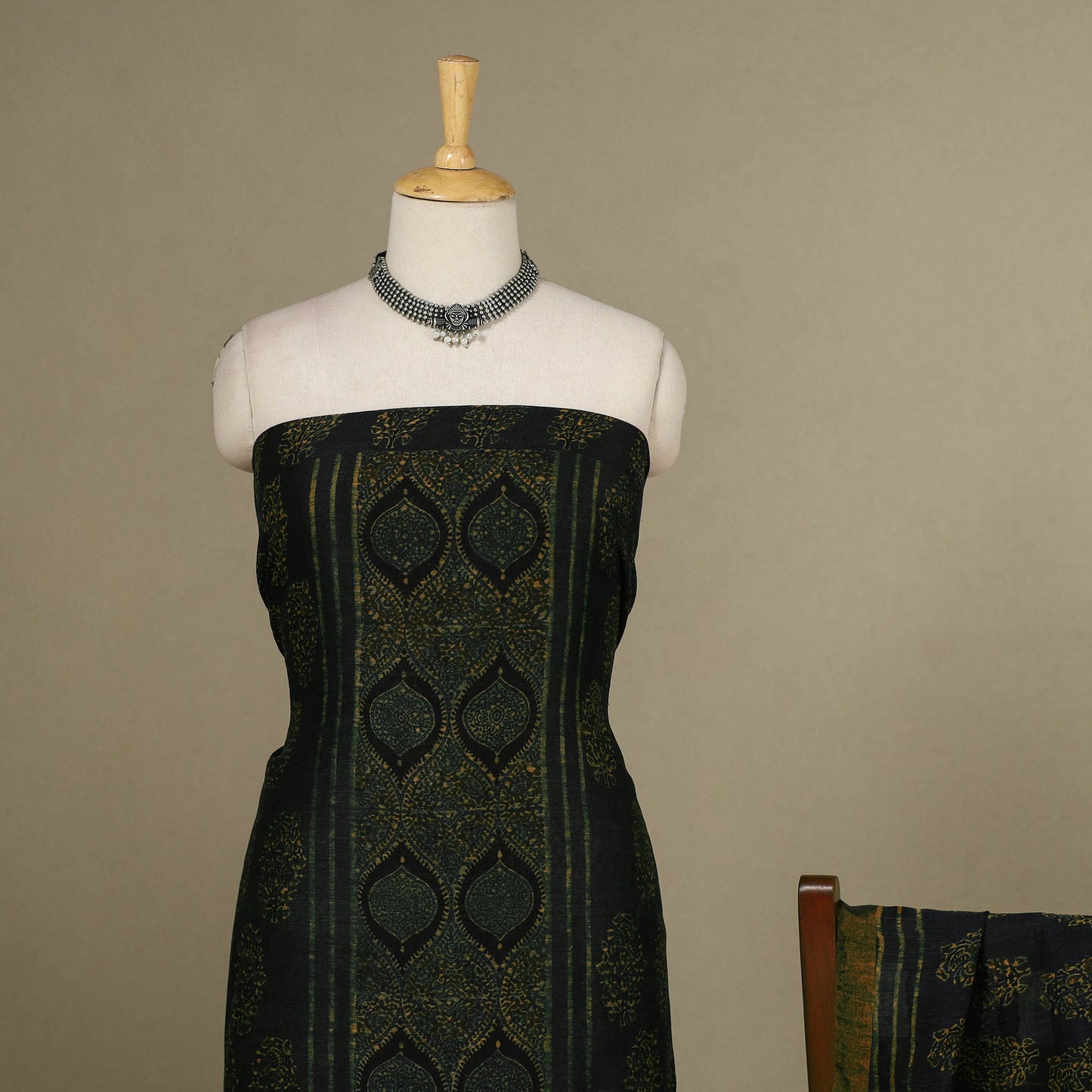 Green - 2pc Block Print Natural Dyed Unstitched Ajrakh Dress Material 