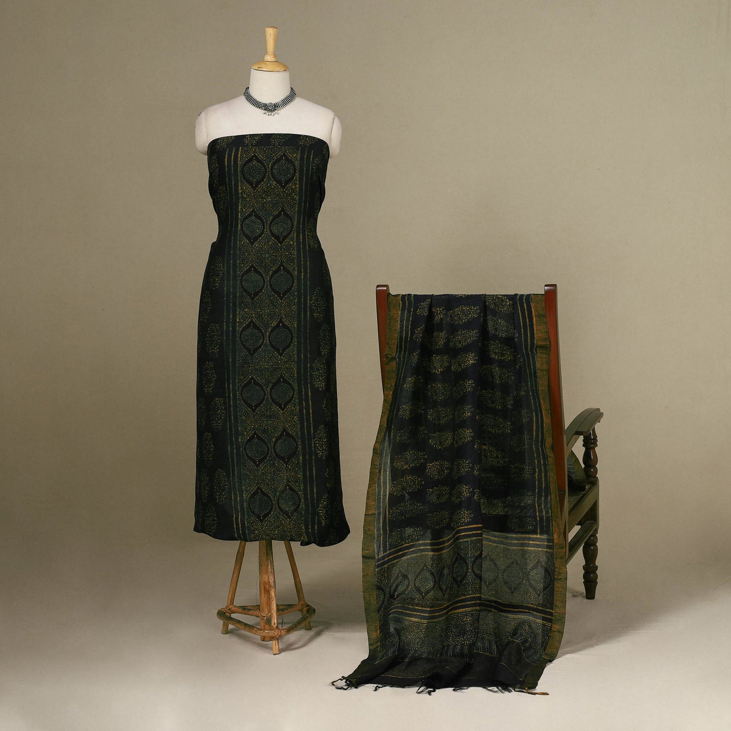 Green - 2pc Block Print Natural Dyed Unstitched Ajrakh Dress Material 