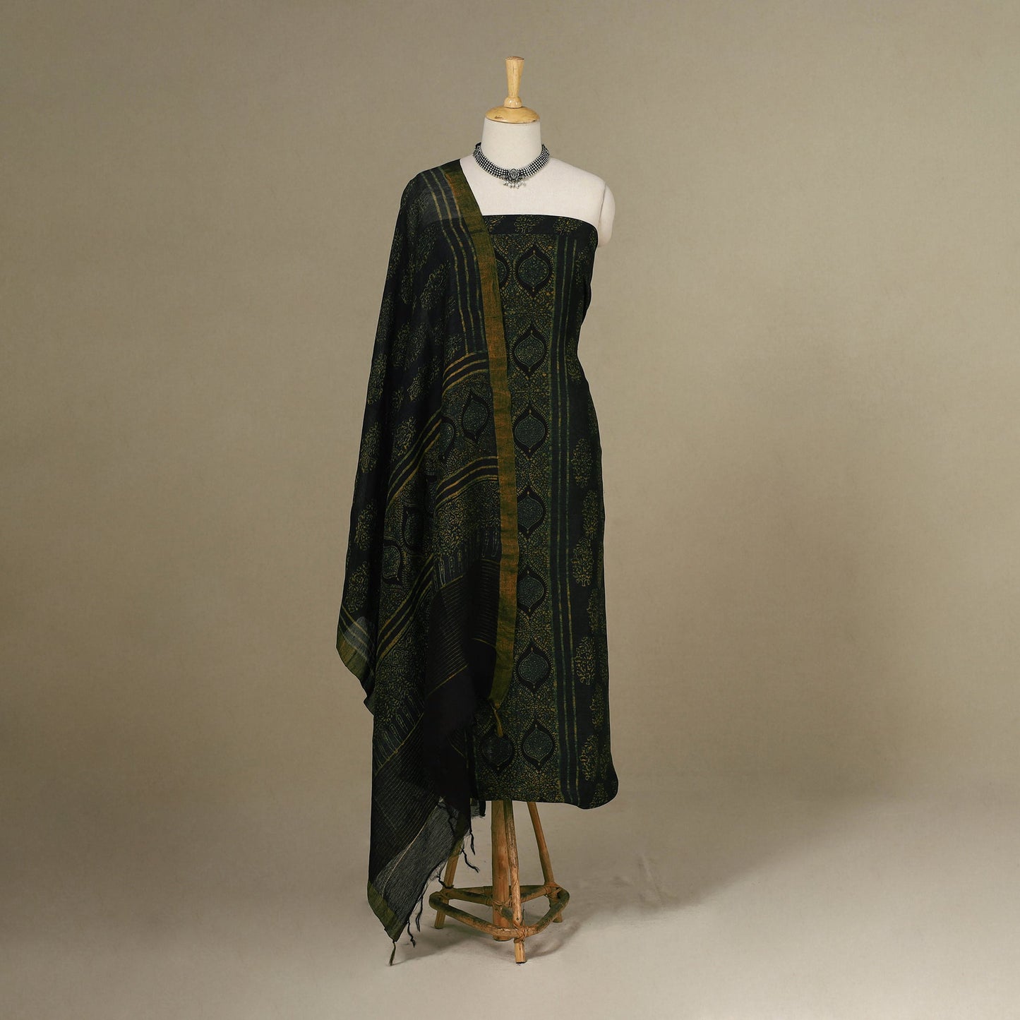 Green - 2pc Block Print Natural Dyed Unstitched Ajrakh Dress Material 