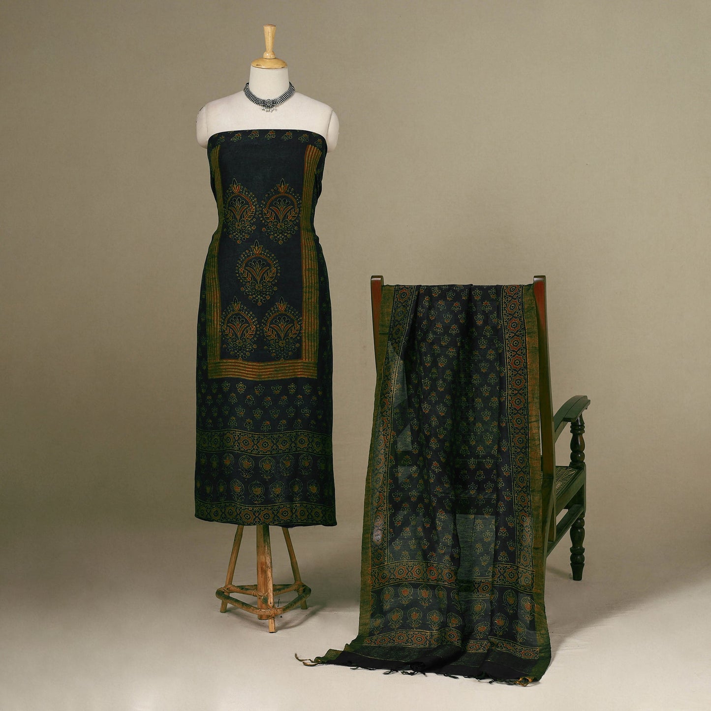 Green - 2pc Block Print Natural Dyed Unstitched Ajrakh Dress Material 