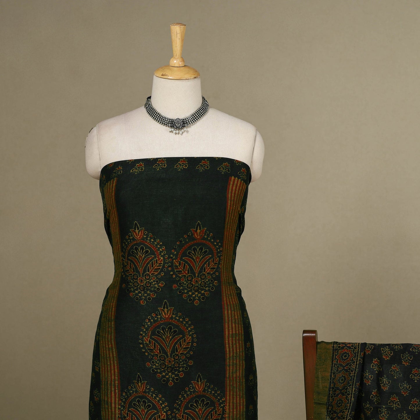 Green - 2pc Block Print Natural Dyed Unstitched Ajrakh Dress Material 