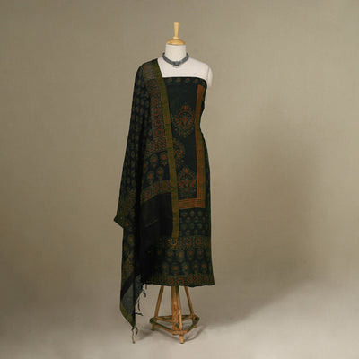 Green - 2pc Block Print Natural Dyed Unstitched Ajrakh Dress Material 