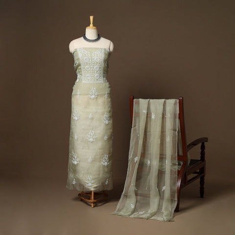 Green - 2pc organza silk unstitched hand beads work heavy