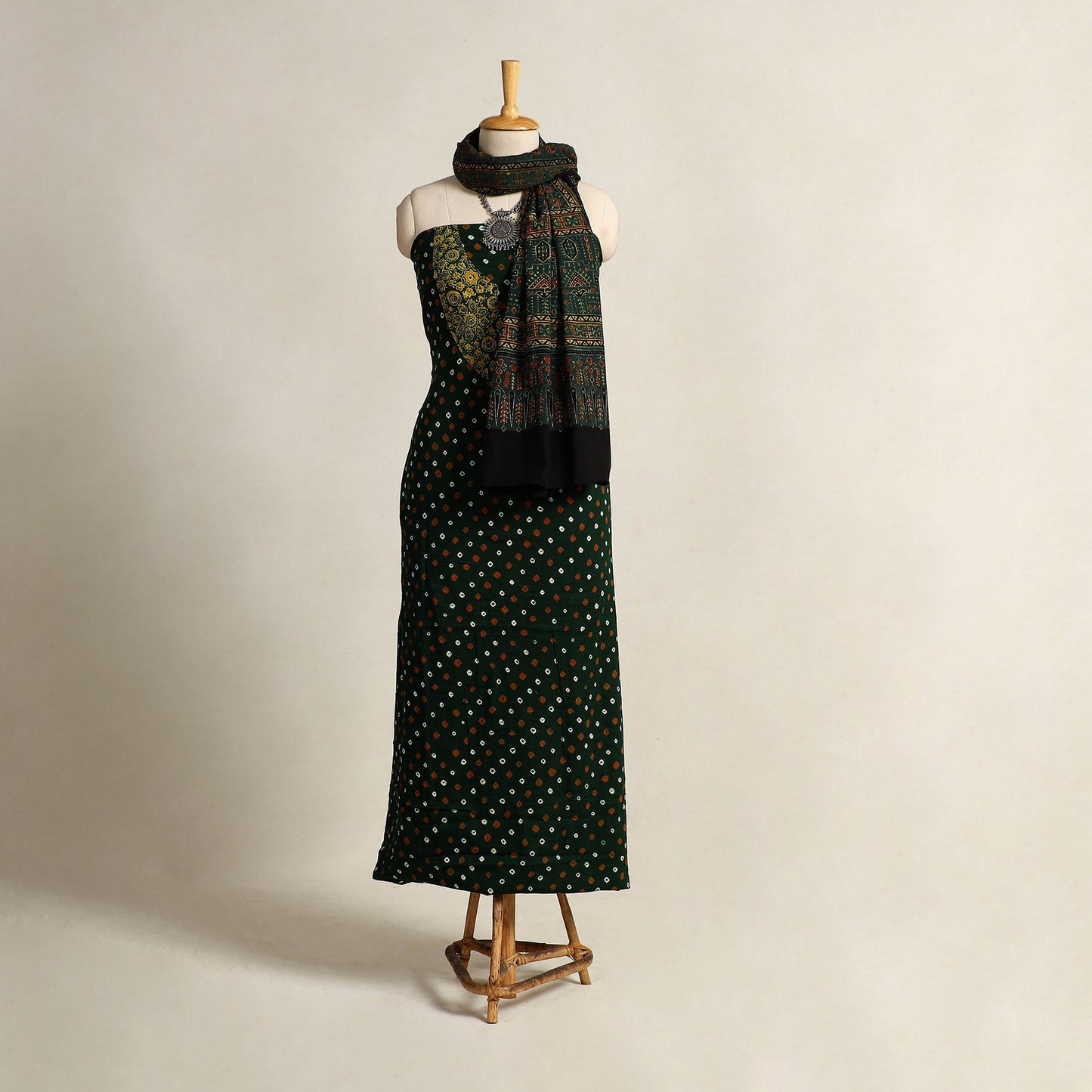  Green 2pc Tie-Dye Cotton Bandhani Kurta with Ajrakh Dupatta