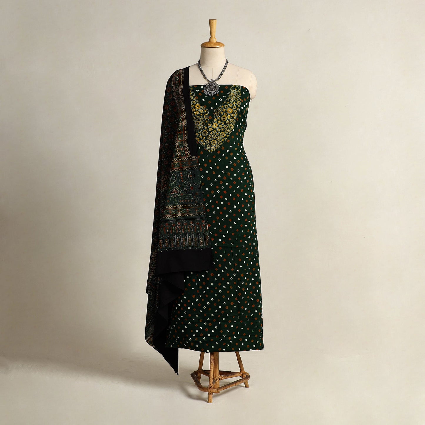 Green 2pc Tie-Dye Cotton Bandhani Kurta with Ajrakh Dupatta