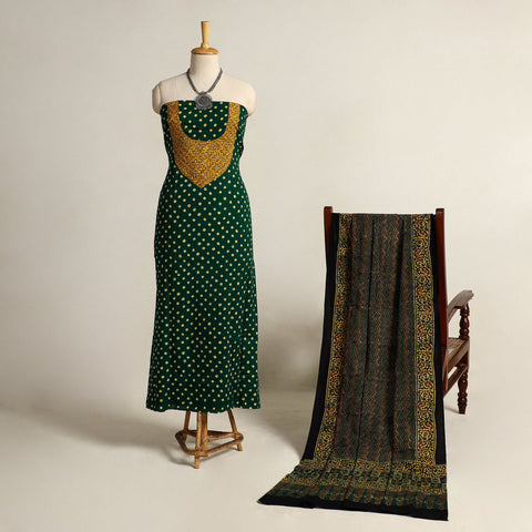  Green 2pc Tie-Dye Cotton Bandhani Kurta with Ajrakh Dupatta