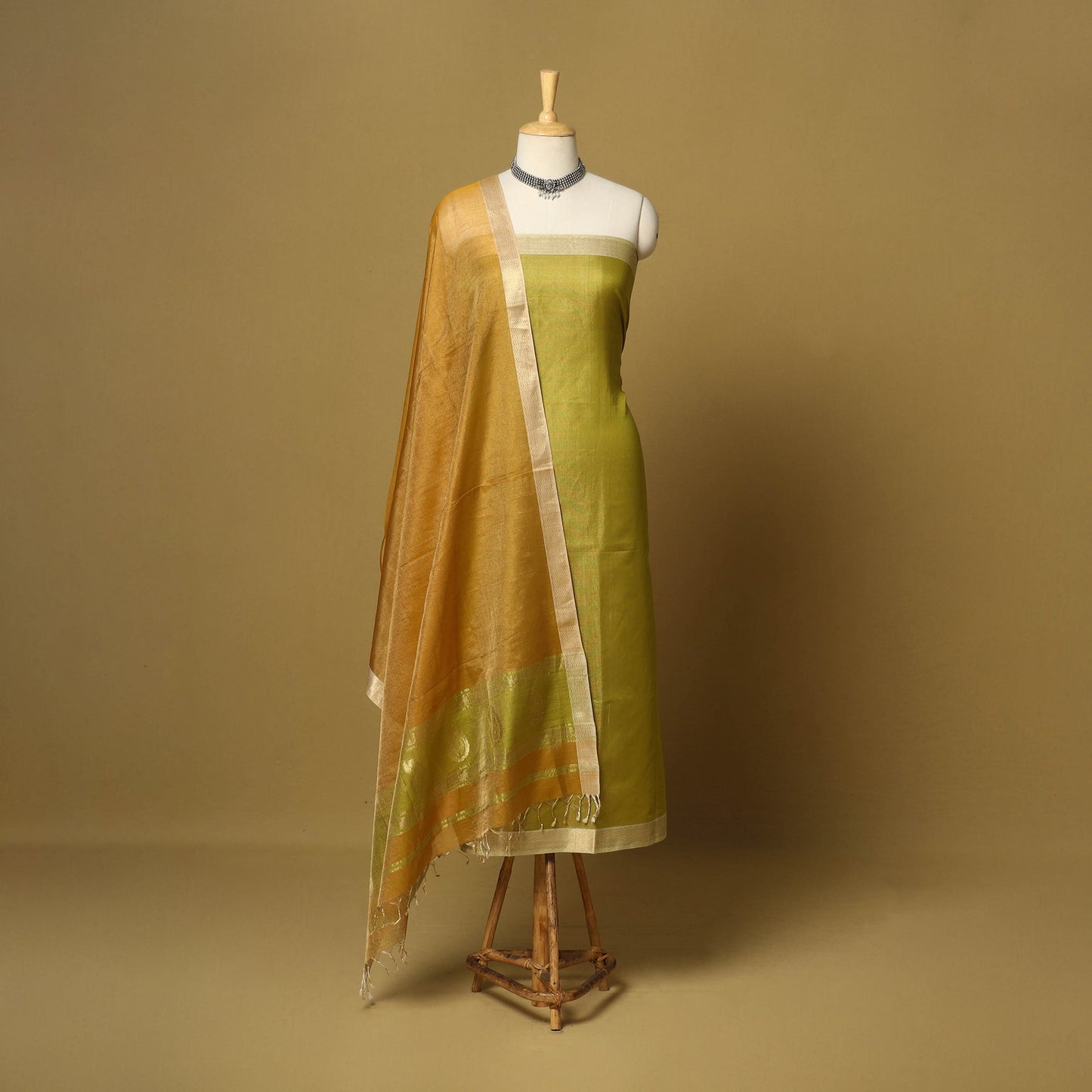 Green - 2pc tissue zari handloom unstitched maheshwari silk