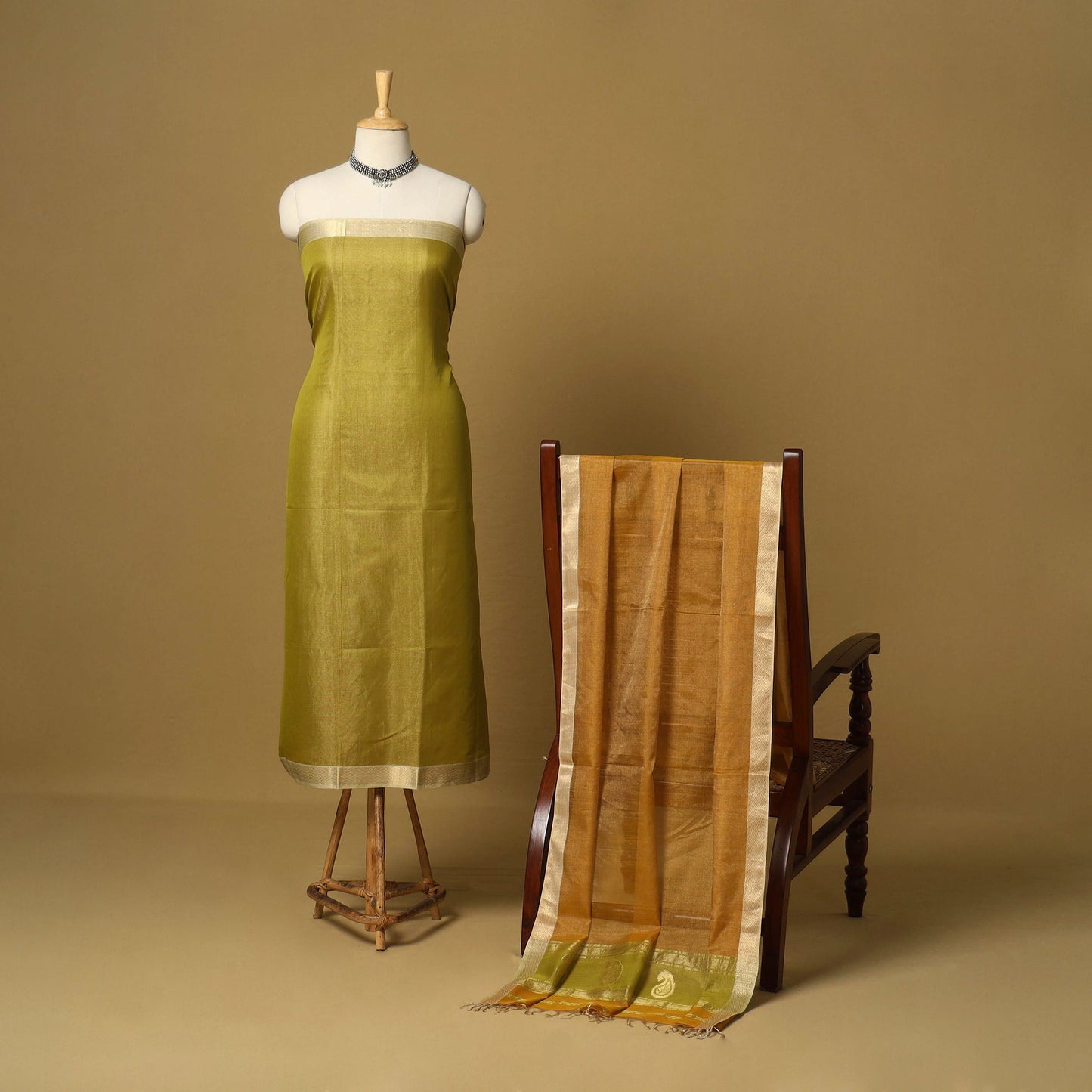 Green - 2pc tissue zari handloom unstitched maheshwari silk