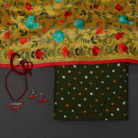 Green 2pc Unstitched Bandhani Dress Material with Jewellery Set