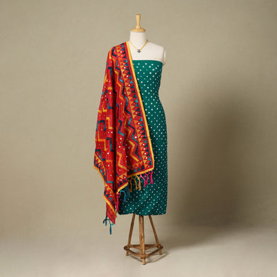 Green 2pc Unstitched Bandhani Dress Material with Jewellery Set