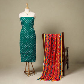 Green 2pc Unstitched Bandhani Dress Material with Jewellery Set