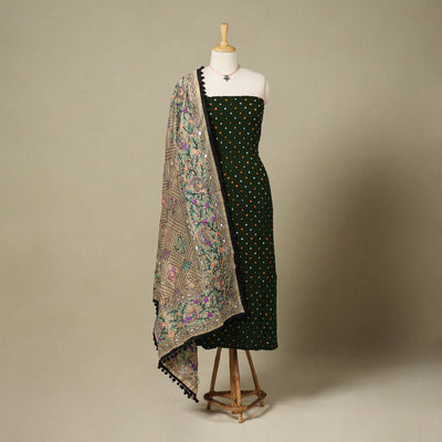 Green 2pc Unstitched Bandhani Dress Material with Jewellery Set