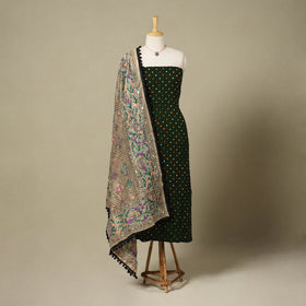 Green 2pc Unstitched Bandhani Dress Material with Jewellery Set