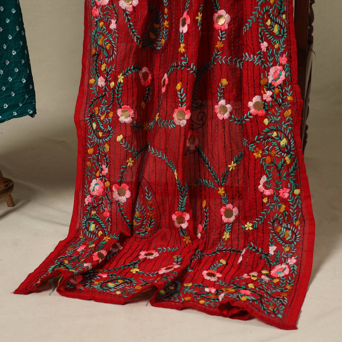 Green 2pc Unstitched Bandhani Dress Material with Jewellery Set