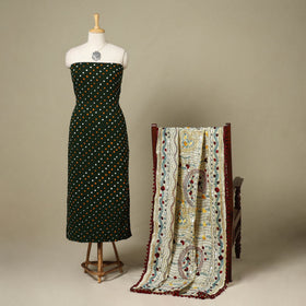 Green 2pc Unstitched Bandhani Dress Material with Jewellery Set