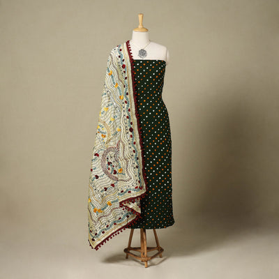 Green 2pc Unstitched Bandhani Dress Material with Jewellery Set