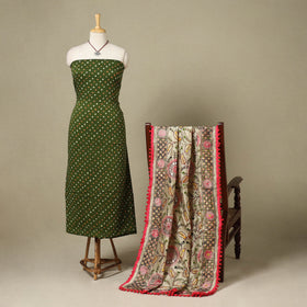 Green 2pc Unstitched Bandhani Dress Material with Jewellery Set