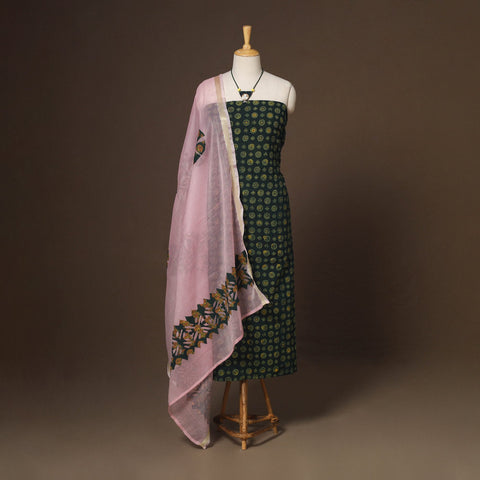 Green - 2pc unstitched dress material with jewellery set 24