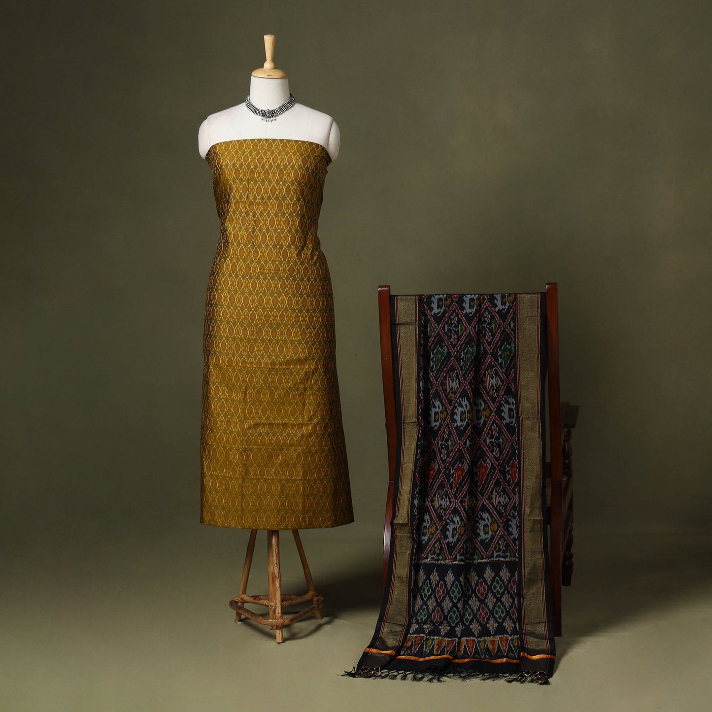 Green - 2pc unstitched handloom sico pochampally ikat dress