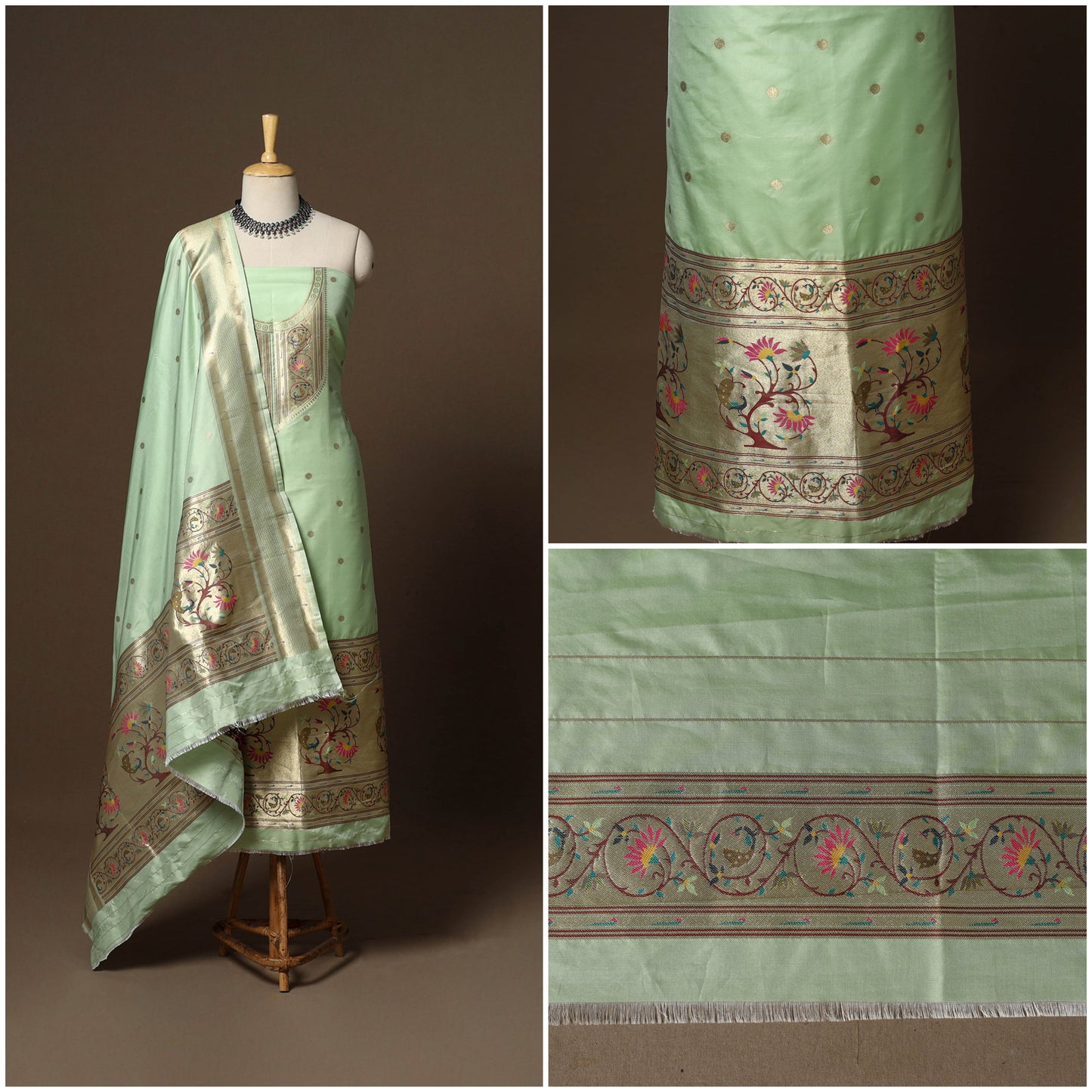 Green - 3pc bangalore silk paithani dress material 01