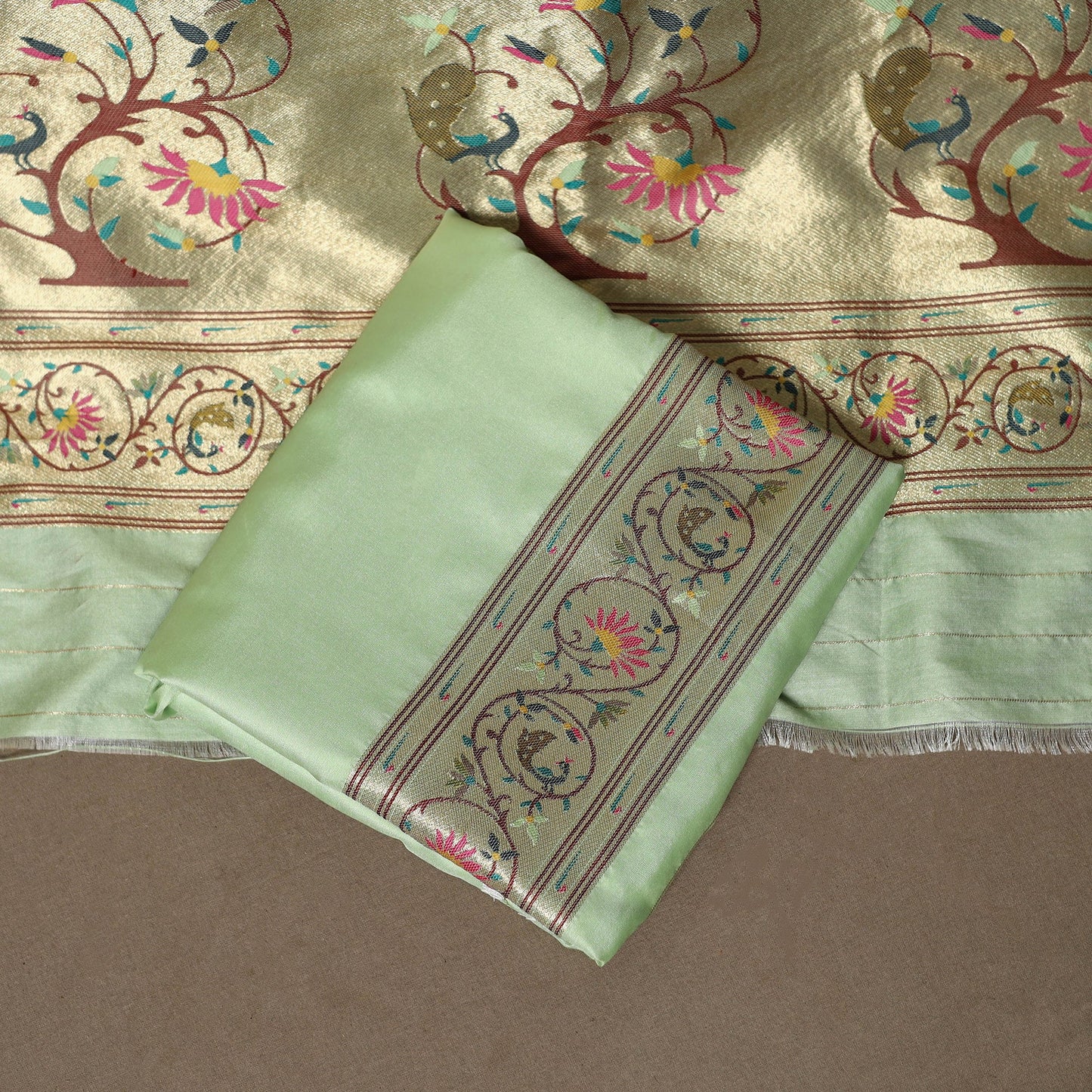 Green - 3pc bangalore silk paithani dress material 01
