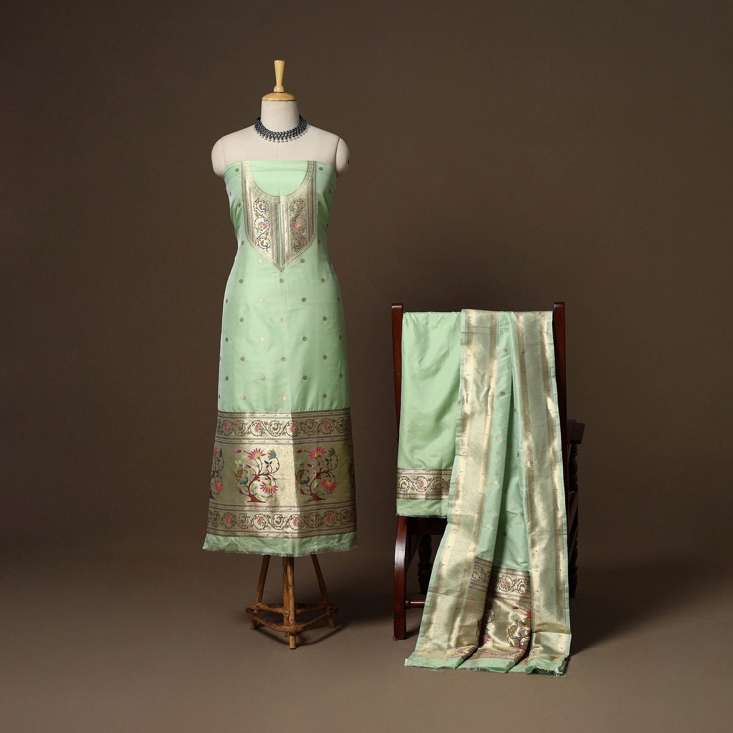 Green - 3pc bangalore silk paithani dress material 01