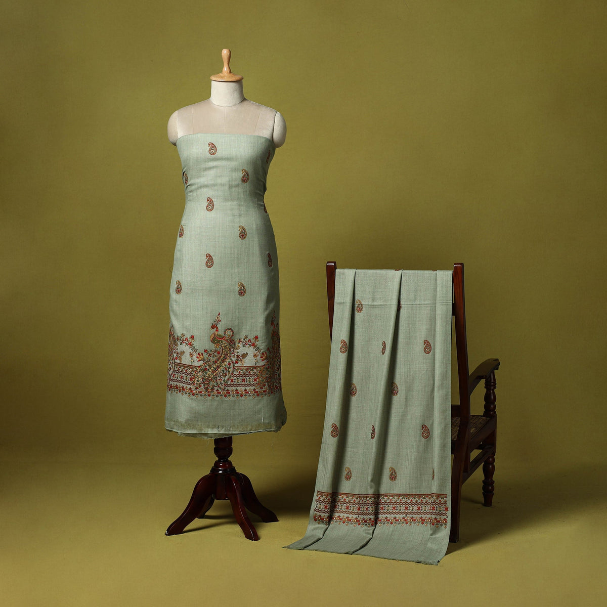 3pc chain stitch embroidered merino wool unstitched dress