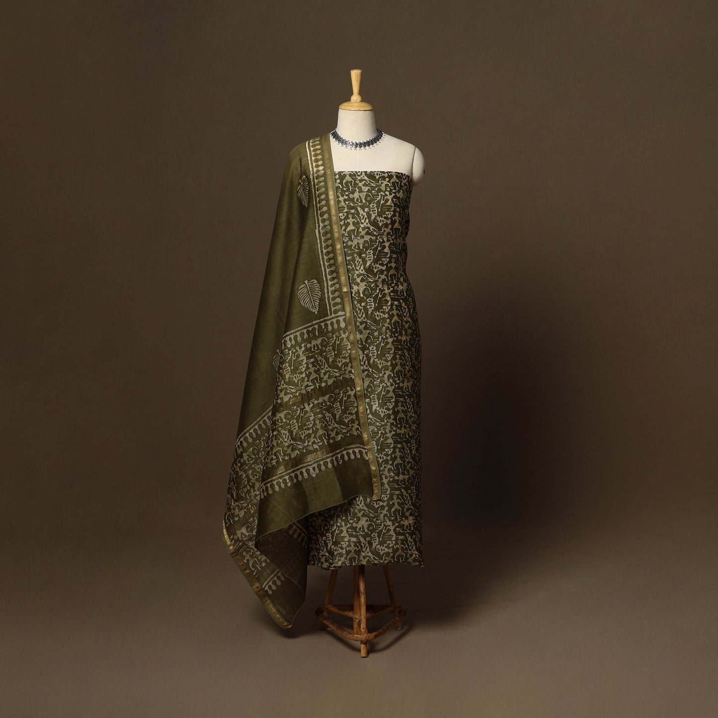 Green - 3pc chanderi silk unstitched hand batik dress