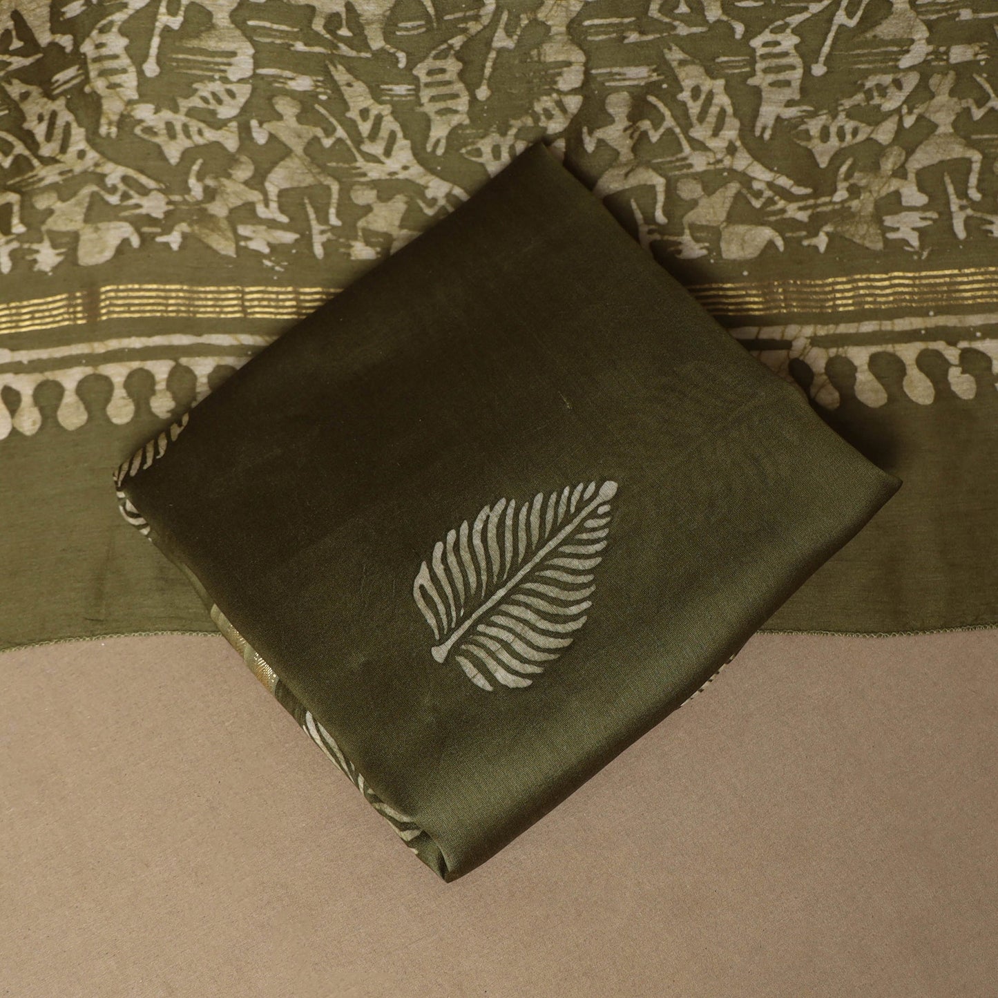 Green - 3pc chanderi silk unstitched hand batik dress