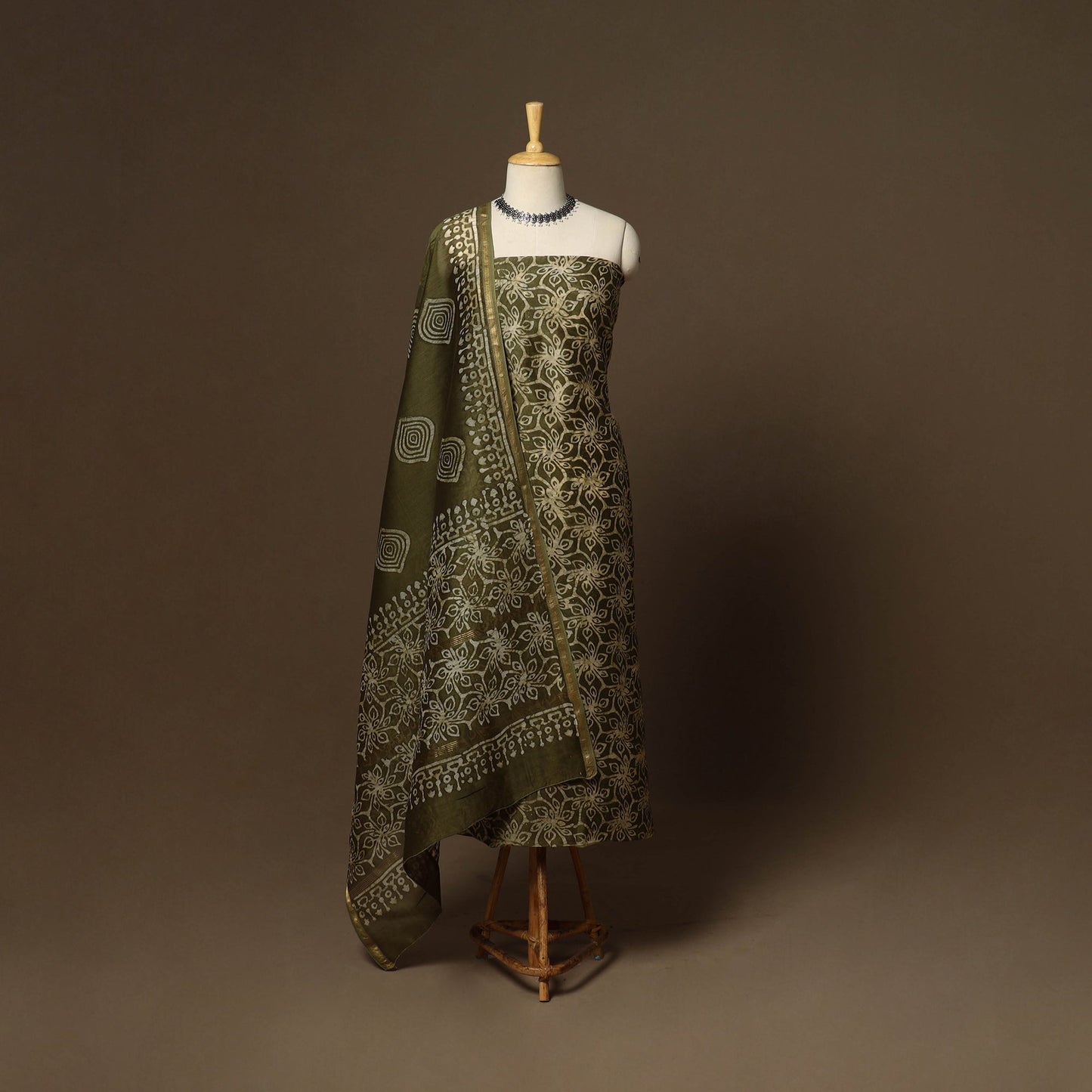 Green - 3pc chanderi silk unstitched hand batik dress