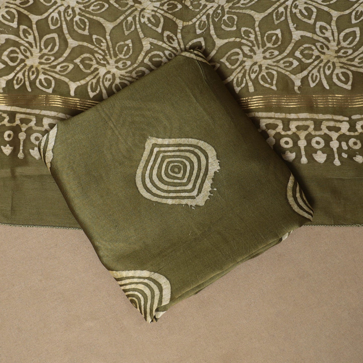 Green - 3pc chanderi silk unstitched hand batik dress