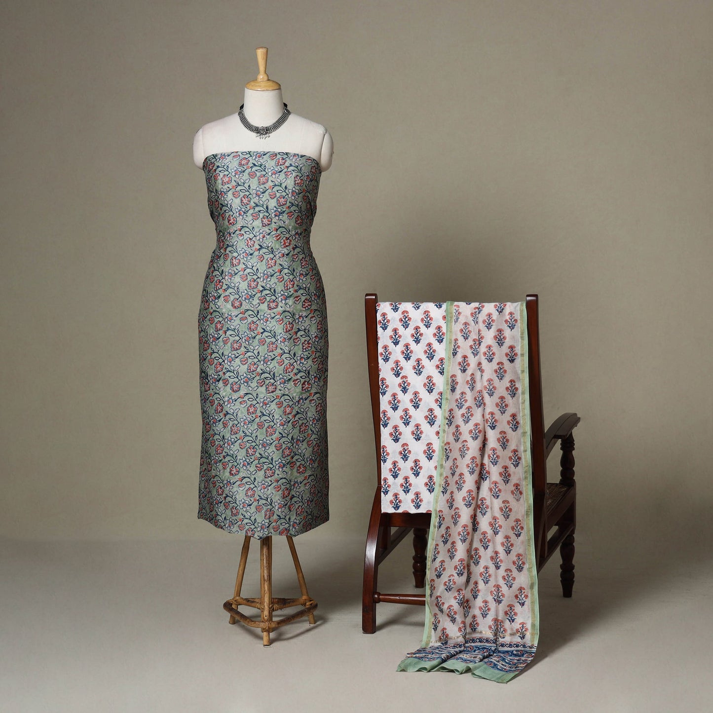 Green - 3pc chanderi silk unstitched sanganeri dress