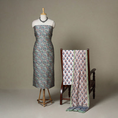 Green - 3pc chanderi silk unstitched sanganeri dress