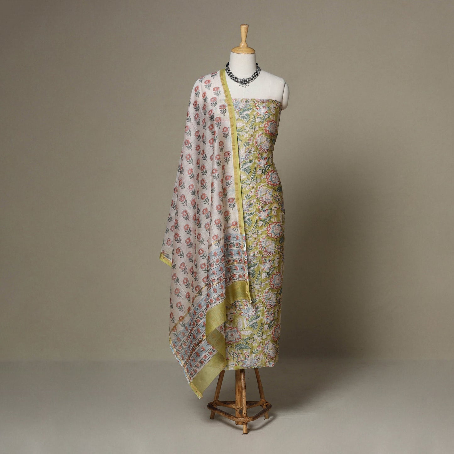 Green - 3pc chanderi silk unstitched sanganeri dress