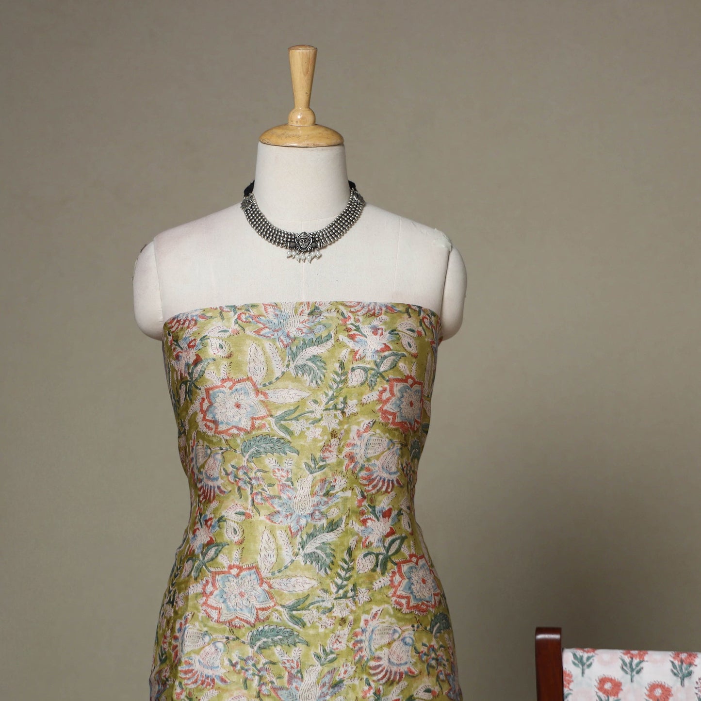 Green - 3pc chanderi silk unstitched sanganeri dress