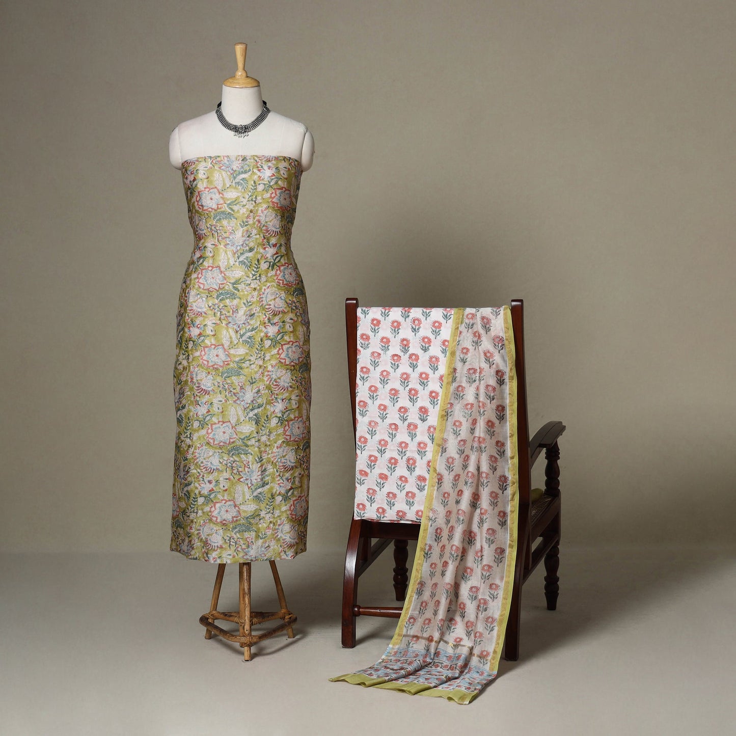 Green - 3pc chanderi silk unstitched sanganeri dress