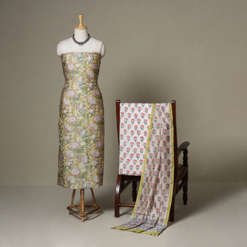 Green - 3pc chanderi silk unstitched sanganeri dress