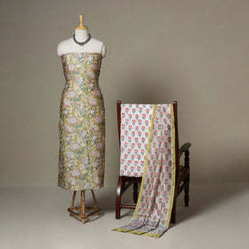 Green - 3pc chanderi silk unstitched sanganeri dress