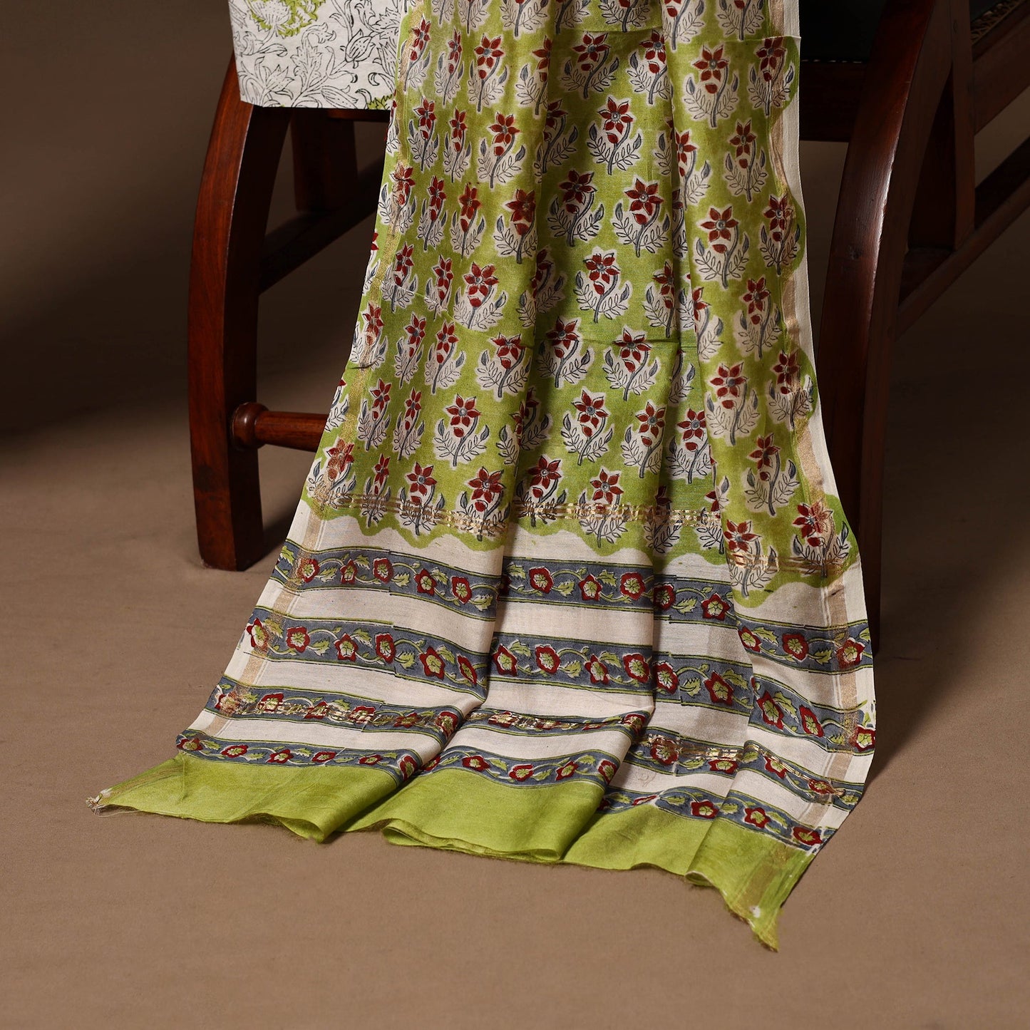Green - 3pc chanderi silk unstitched sanganeri dress
