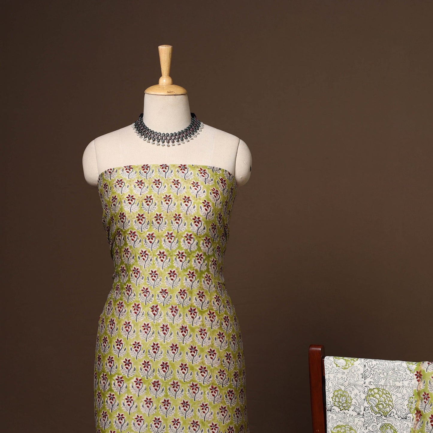 Green - 3pc chanderi silk unstitched sanganeri dress