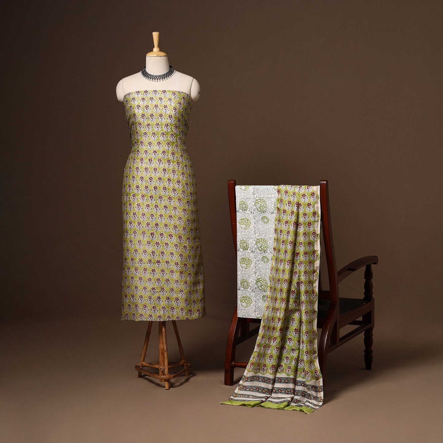 Green - 3pc chanderi silk unstitched sanganeri dress