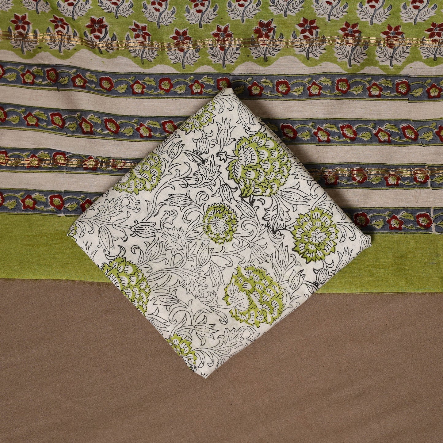 Green - 3pc chanderi silk unstitched sanganeri dress