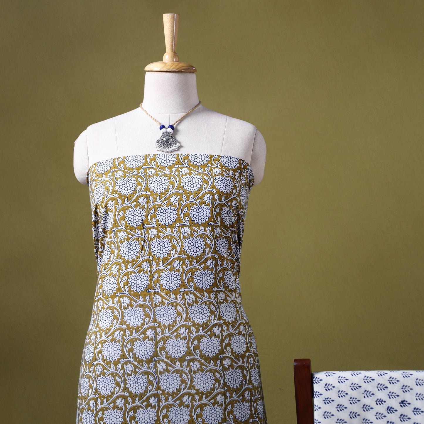 Green 3pc Cotton Bagh Print Dress Material with Jewellery Set