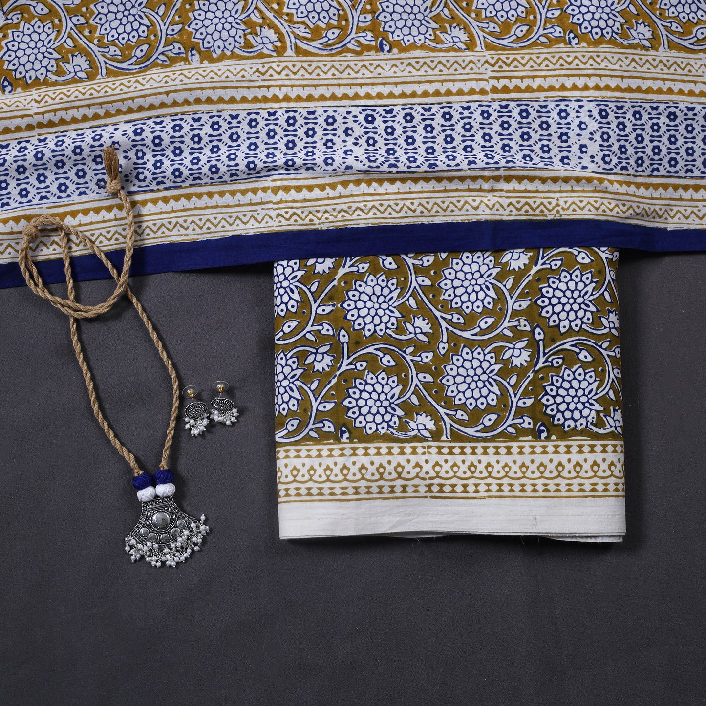 Green 3pc Cotton Bagh Print Dress Material with Jewellery Set