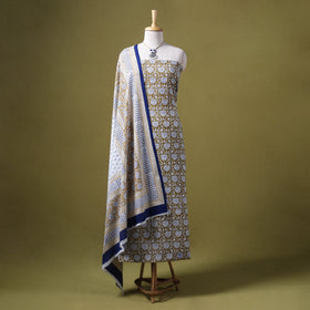 Green 3pc Cotton Bagh Print Dress Material with Jewellery Set