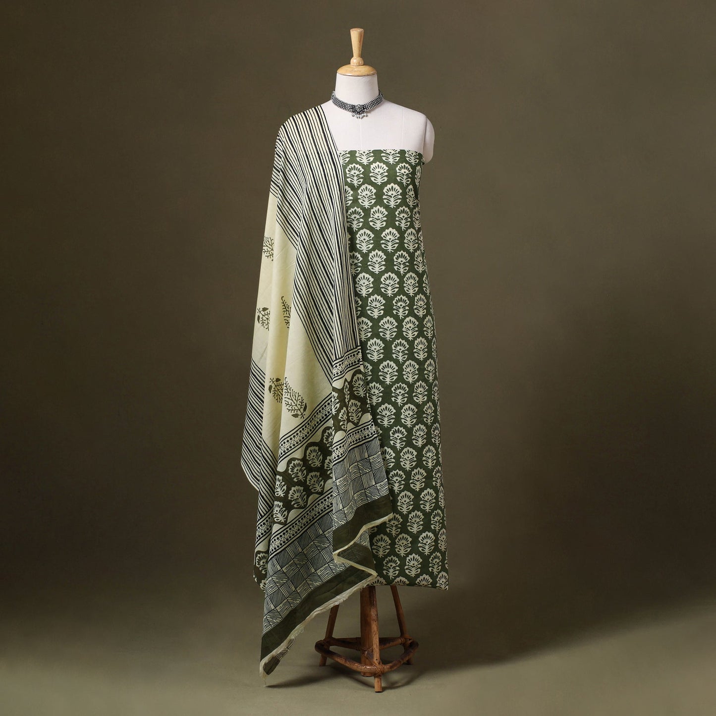 Green 3pc Block Print Cotton Bagru Dress Material