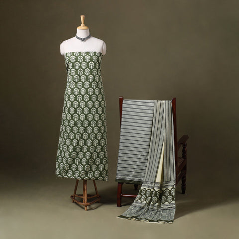 Green 3pc Block Print Cotton Bagru Dress Material