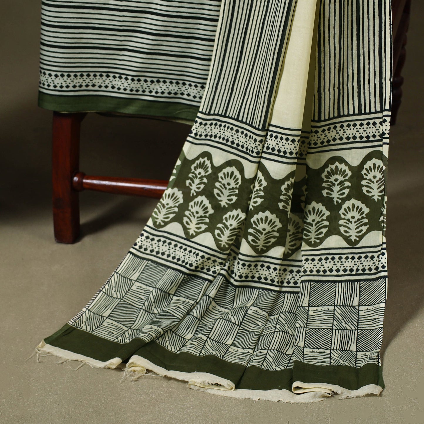 Green 3pc Block Print Cotton Bagru Dress Material